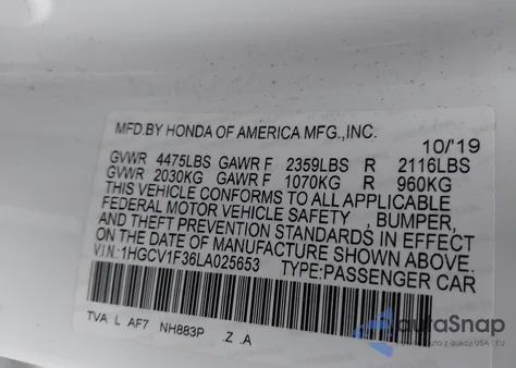 2020 Honda Accord Sport from USA, damaged, VIN 1HGCV1F36LA025653